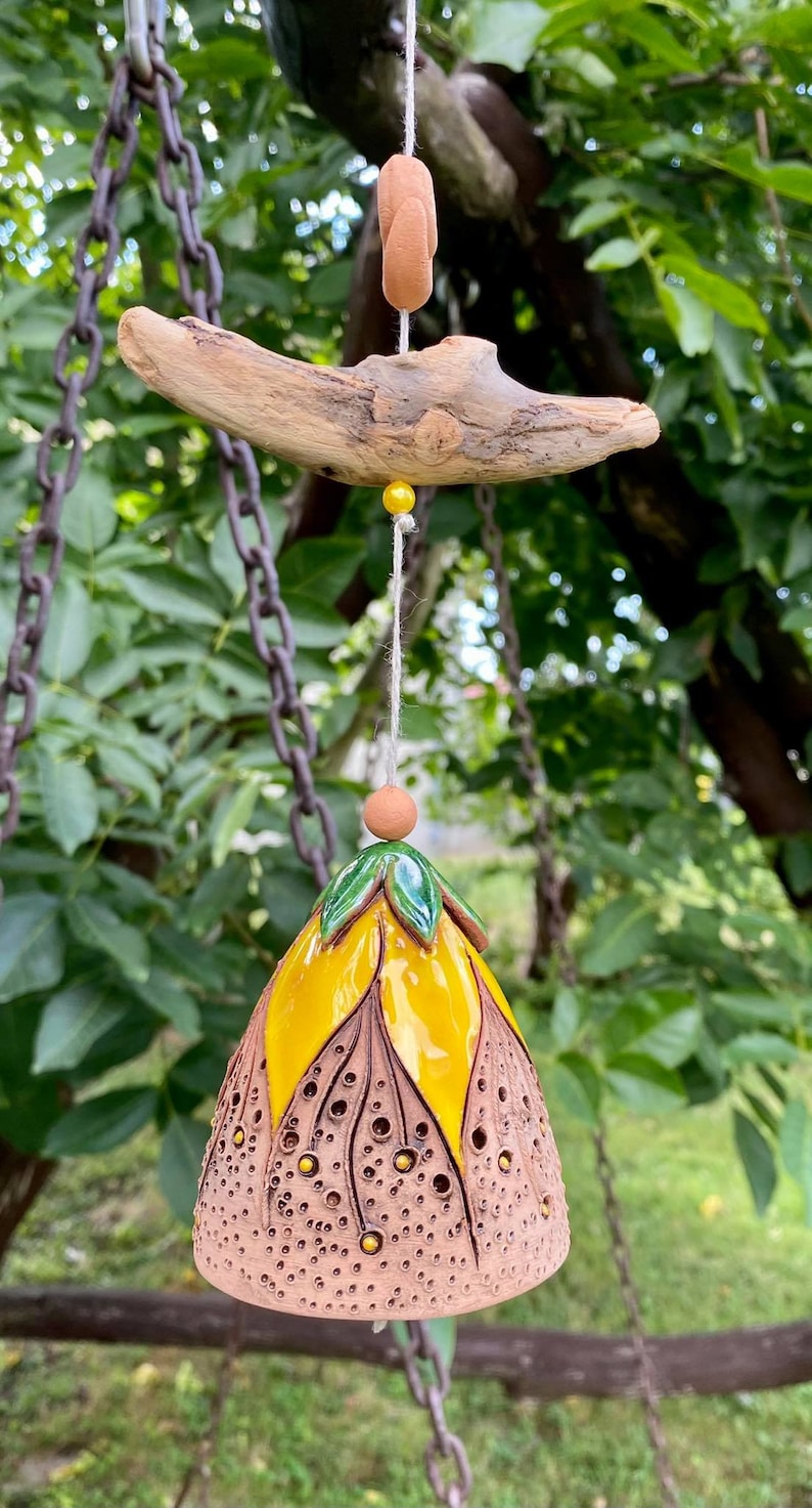 Cloche suspendue en céramique 55cm - Sonnette de carillon éolien pour décoration intérieure et extérieure