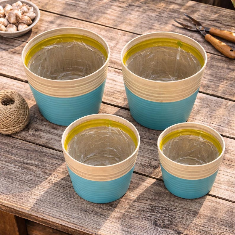 Pot de fleurs en bambou bleu clair avec bord naturel, 4 tailles, pot décoratif moderne pour plantes d'intérieur et de printemps