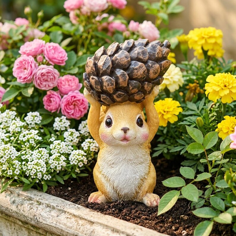 Statuette de jardin écureuil tenant une pomme de pin, figurine animalière en résine pour l'extérieur