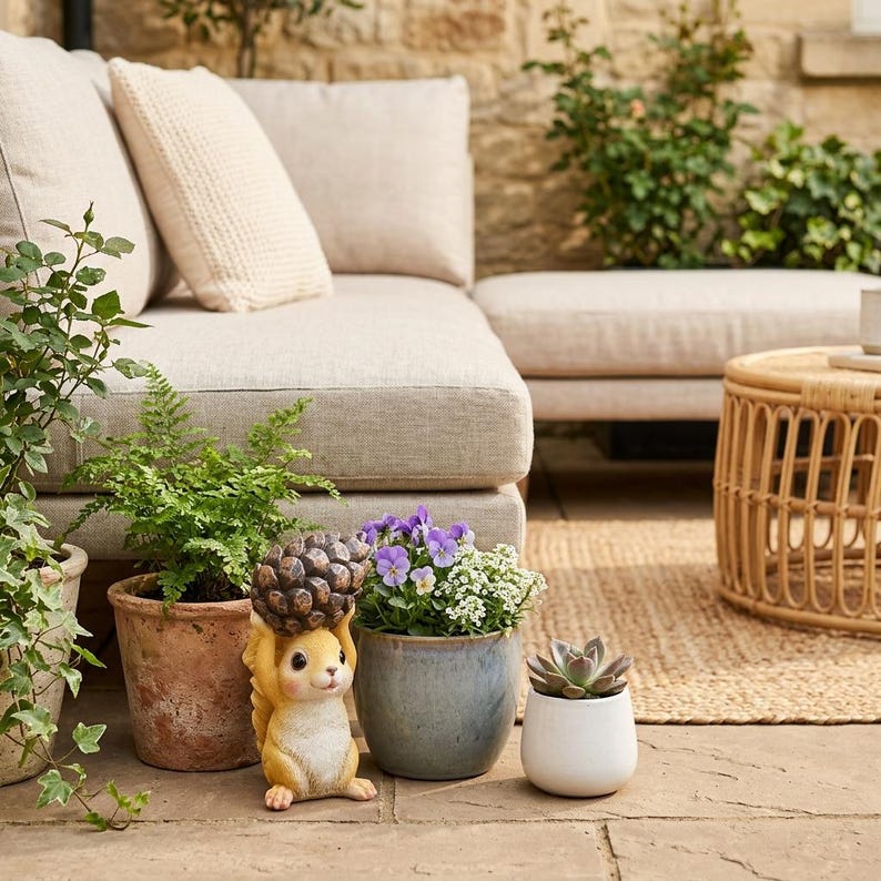 Statuette de jardin écureuil tenant une pomme de pin, figurine animalière en résine pour l'extérieur