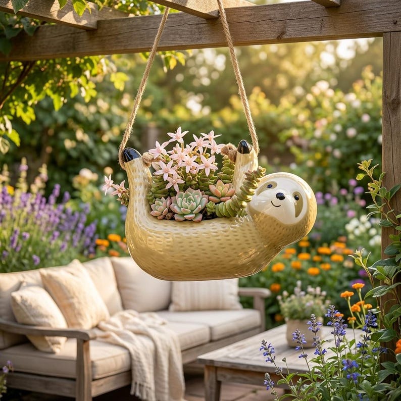 Pot suspendu paresseux en céramique, support pour plantes succulentes, décoration intérieure bohème, suspension en corde naturelle
