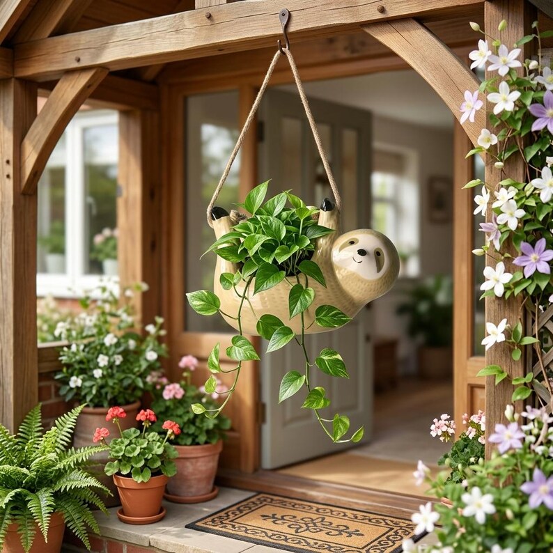 Pot suspendu paresseux en céramique, support pour plantes succulentes, décoration intérieure bohème, suspension en corde naturelle