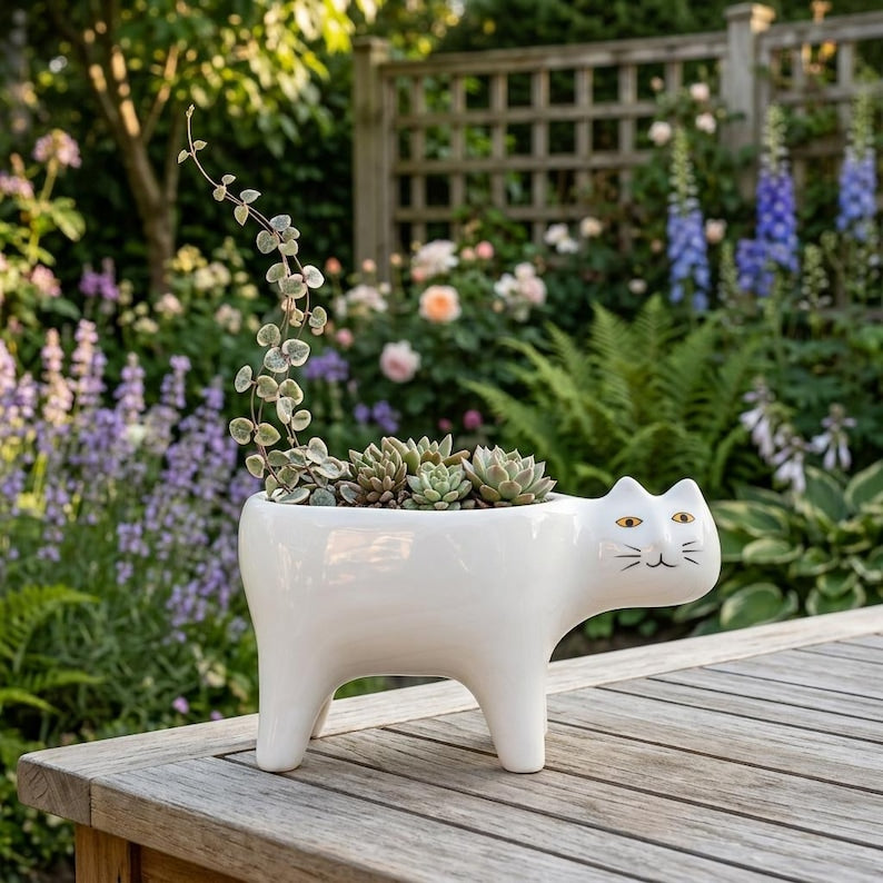 Pot de fleurs chat en céramique blanche, petit pot pour plantes d'intérieur à poser sur un bureau