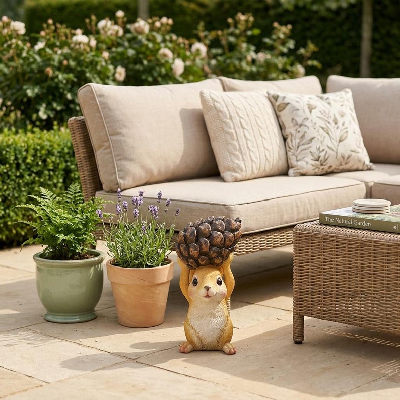 Statuette de jardin écureuil tenant une pomme de pin, figurine animalière en résine pour l'extérieur