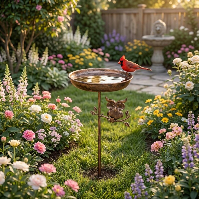 Baignoire d'oiseau en métal hibou vintage, piquet pour mangeoire de jardin en fer rustique (76 cm)