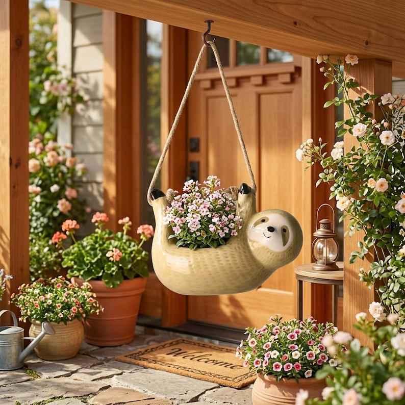 Pot suspendu paresseux en céramique, support pour plantes succulentes, décoration intérieure bohème, suspension en corde naturelle