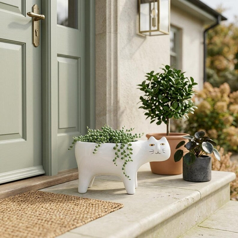 Pot de fleurs chat en céramique blanche, petit pot pour plantes d'intérieur à poser sur un bureau