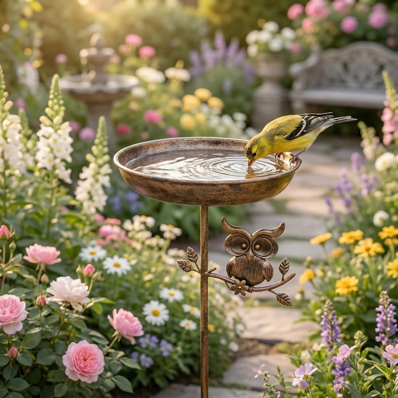Baignoire d'oiseau en métal hibou vintage, piquet pour mangeoire de jardin en fer rustique (76 cm)