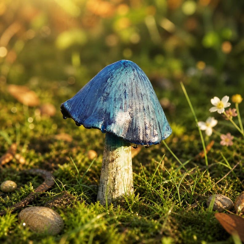 Statue de jardin champignon bleu, décoration féerique, figurine en résine 10 cm
