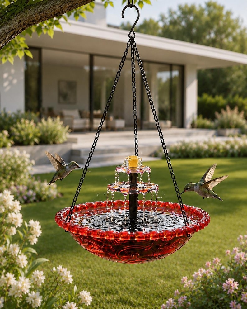 Mangeoire solaire pour colibris, bain d'oiseaux suspendu coloré pour extérieur