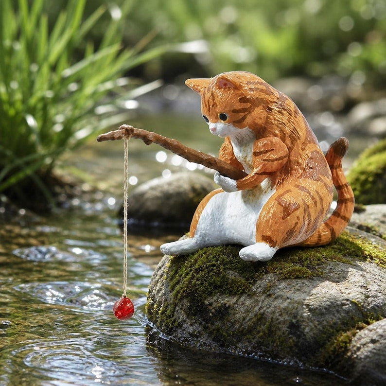 Figurine chat pêcheur en résine,5 cm, ornement mignon pour jardin féérique