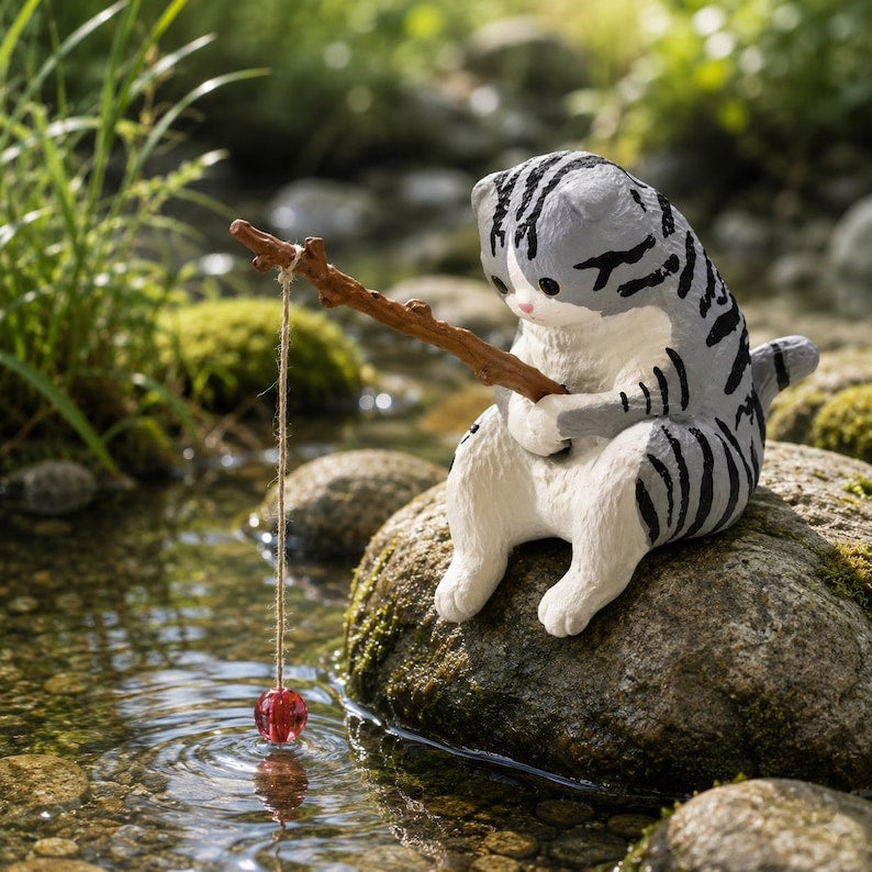Figurine chat pêcheur en résine,5 cm, ornement mignon pour jardin féérique
