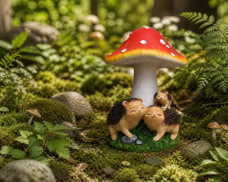 Statue de jardin champignon hérisson résine 21 cm, décoration féerique extérieur, ornement animal forêt