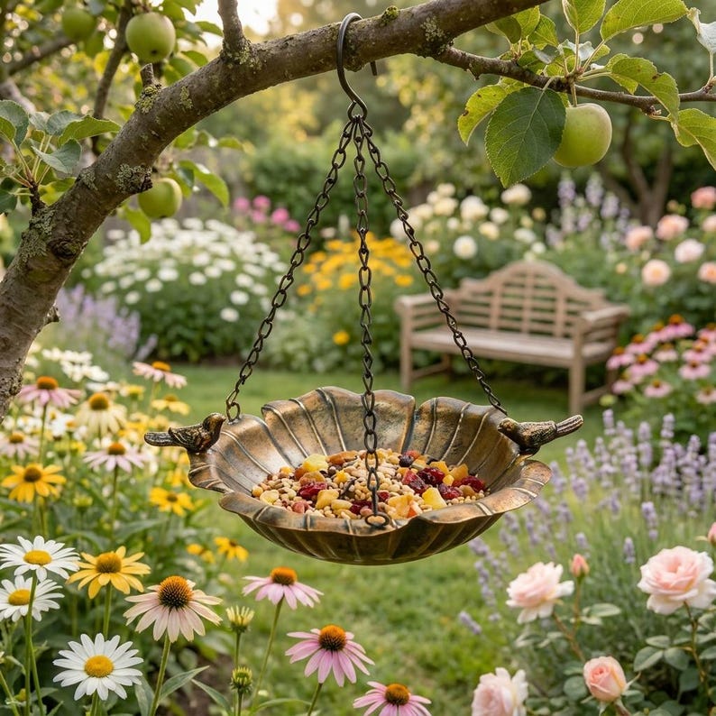 Mangeoire à oiseaux suspendue vintage en métal avec support, bain d'oiseaux décoratif pour jardin terrasse balcon, finition bronze antique