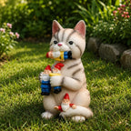Figurine de chat en résine avec nains, décoration de jardin miniature, ornement extérieur 17,5 cm