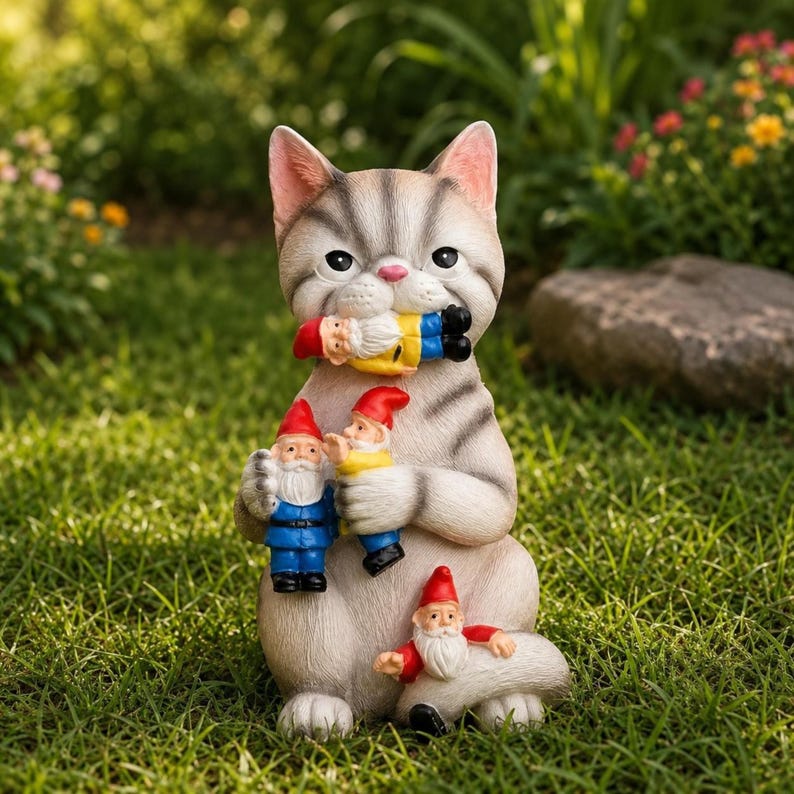 Figurine de chat en résine avec nains, décoration de jardin miniature, ornement extérieur 17,5 cm