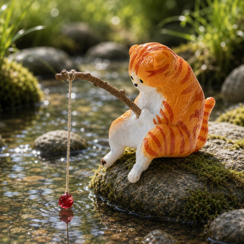 Figurine chat pêcheur en résine,5 cm, ornement mignon pour jardin féérique