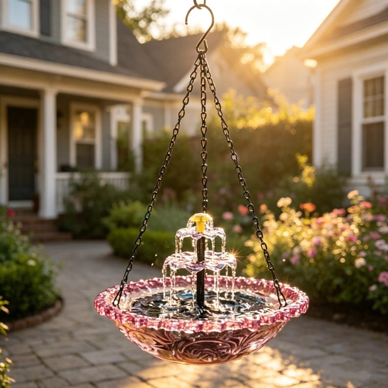 Bain d'oiseaux solaire suspendu pour jardin, fontaine décorative