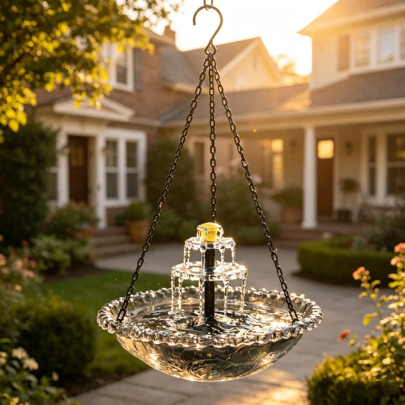 Bain d'oiseaux solaire suspendu pour jardin, fontaine décorative
