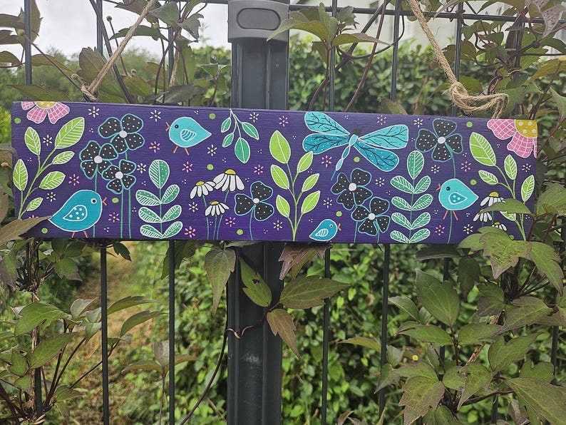 Pancarte de jardin en bois peint à la main avec fleurs multicolores et oiseaux rigolos - 38,5 x 9,5 cm