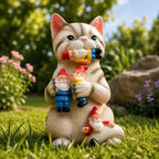 Figurine de chat en résine avec nains, décoration de jardin miniature, ornement extérieur 17,5 cm