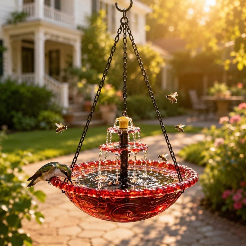 Bain d'oiseaux solaire suspendu pour jardin, fontaine décorative