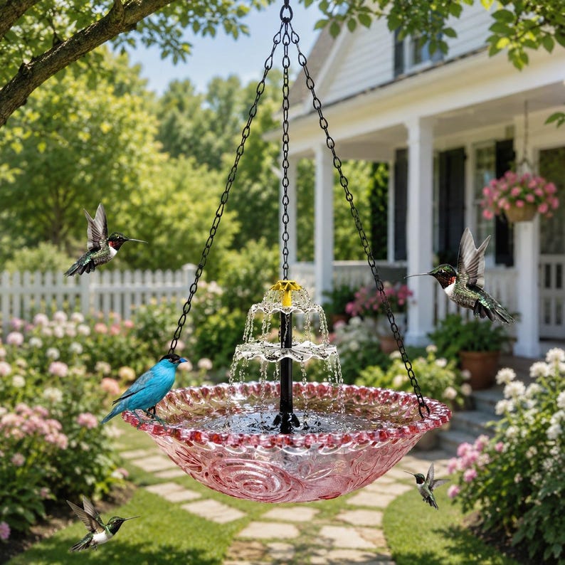 Bain d'oiseaux solaire suspendu pour jardin, fontaine décorative