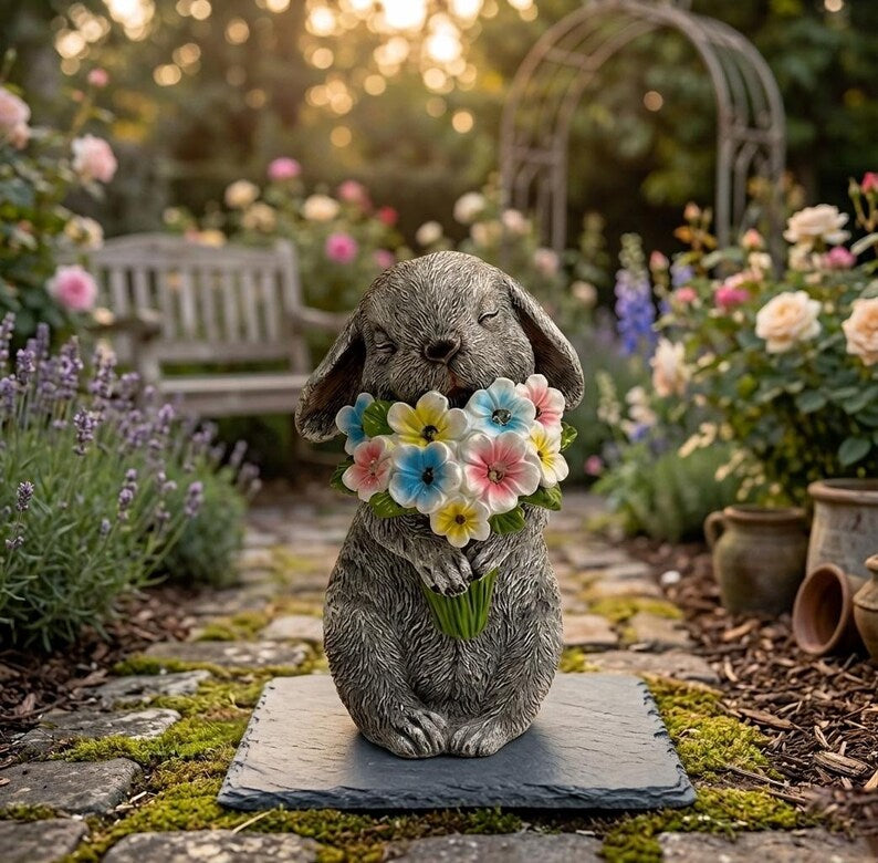 Statue de jardin lapin résine avec fleurs, figurine décoration extérieure, gris coloré