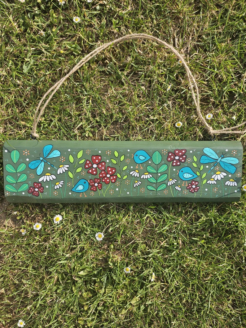 Pancarte de jardin en bois peint à la main - Oiseaux et fleurs - 35,5 x 9,5 cm