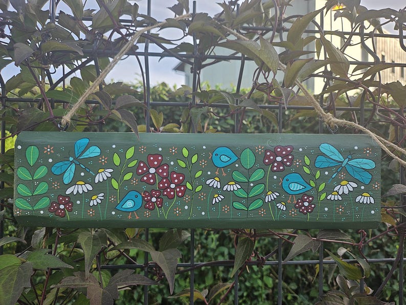 Pancarte de jardin en bois peint à la main - Oiseaux et fleurs - 35,5 x 9,5 cm