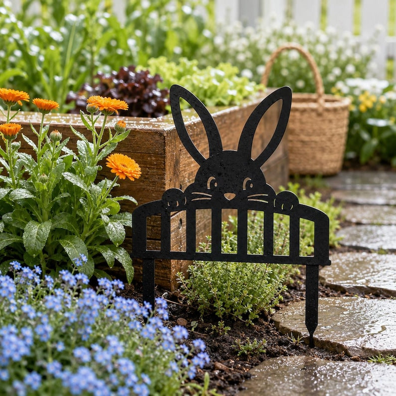 Pieu de jardin lapin, décoration de pelouse métallique pour parterre de fleurs, extérieur printemps, lapin regardant par-dessus une clôture
