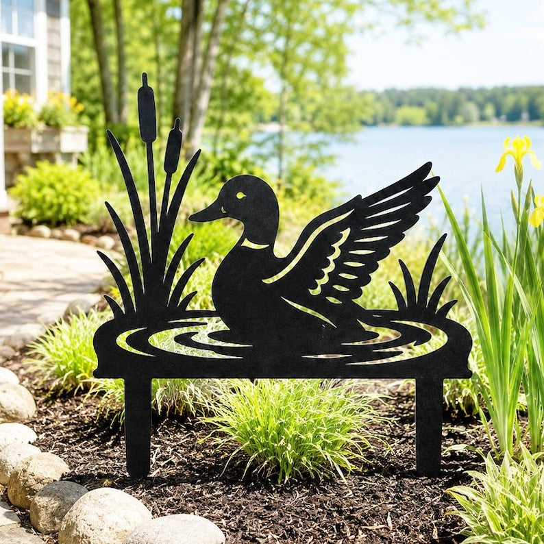 Pieu de jardin métallique canard étang, décoration silhouette quenouilles, accent de pelouse lac