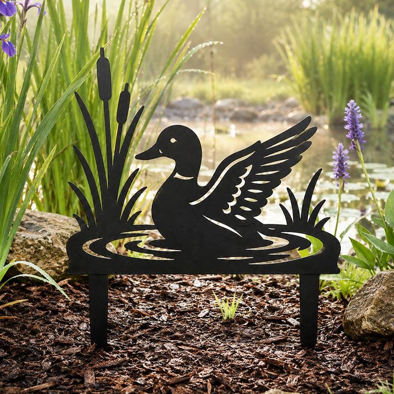 Pieu de jardin métallique canard étang, décoration silhouette quenouilles, accent de pelouse lac