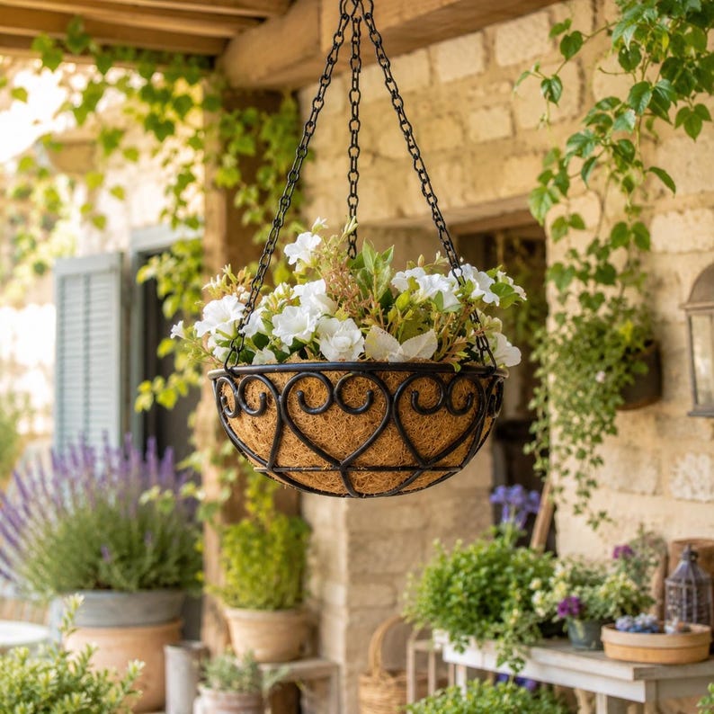 Jardinière suspendue en métal coeur avec doublure en noix de coco pour décoration de jardin terrasse