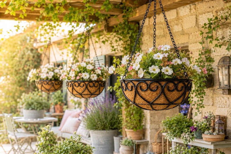 Jardinière suspendue en métal coeur avec doublure en noix de coco pour décoration de jardin terrasse