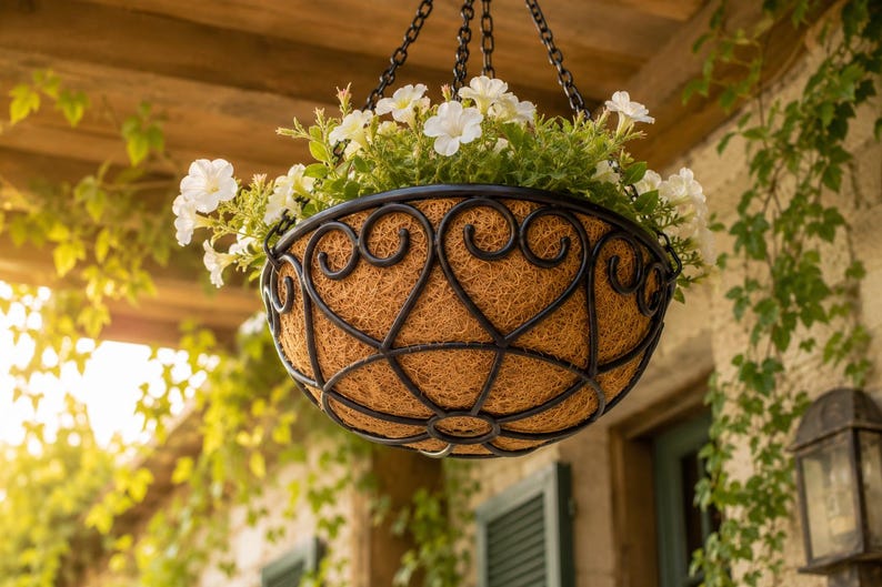 Jardinière suspendue en métal coeur avec doublure en noix de coco pour décoration de jardin terrasse