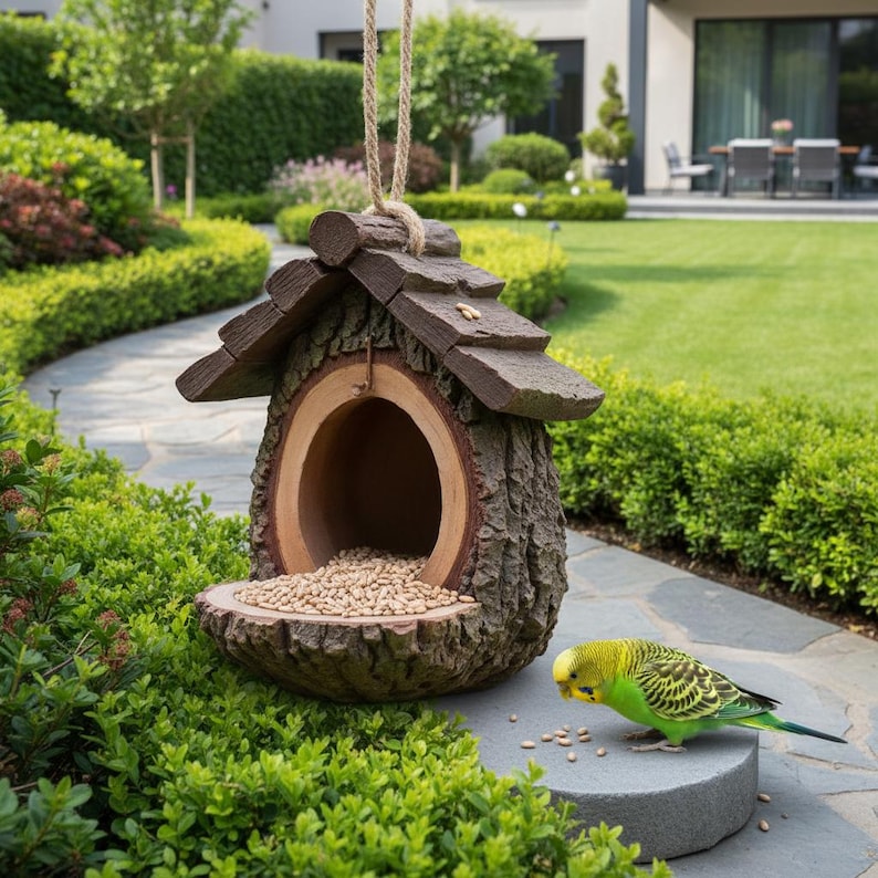 Mangeoire à oiseaux suspendue en résine, cabane dans les arbres, décoration de jardin boisé brun