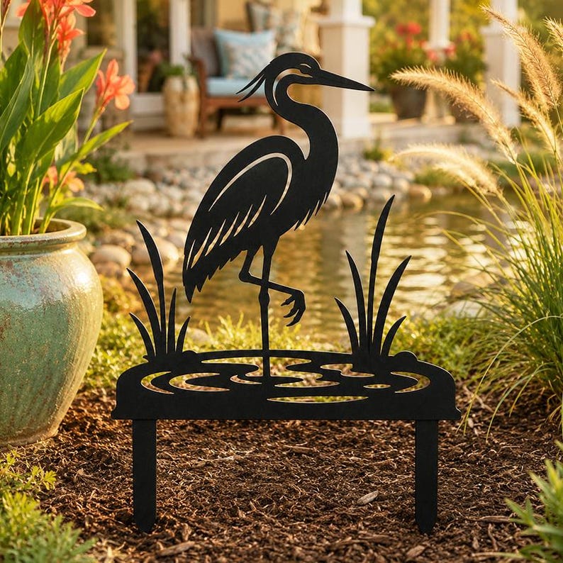 Pieu de jardin héron en métal, décoration de pelouse échassier pour jardin côtier