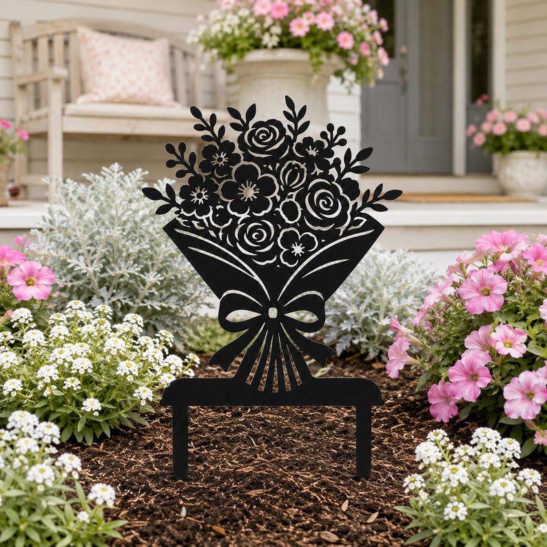 Piquet de jardin bouquet de fleurs en métal noir, décoration de pelouse pour parterre de fleurs