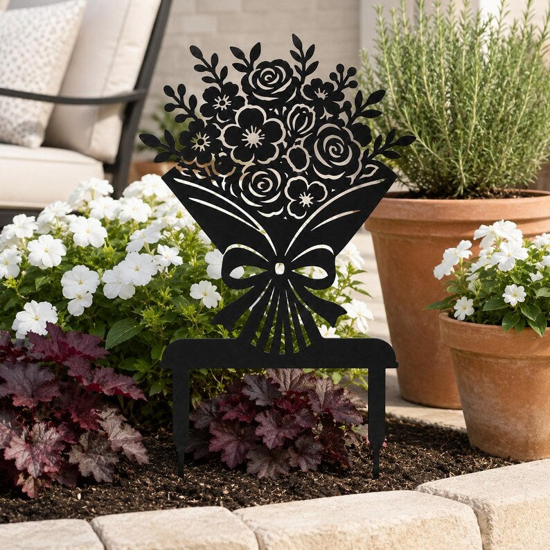 Piquet de jardin bouquet de fleurs en métal noir, décoration de pelouse pour parterre de fleurs