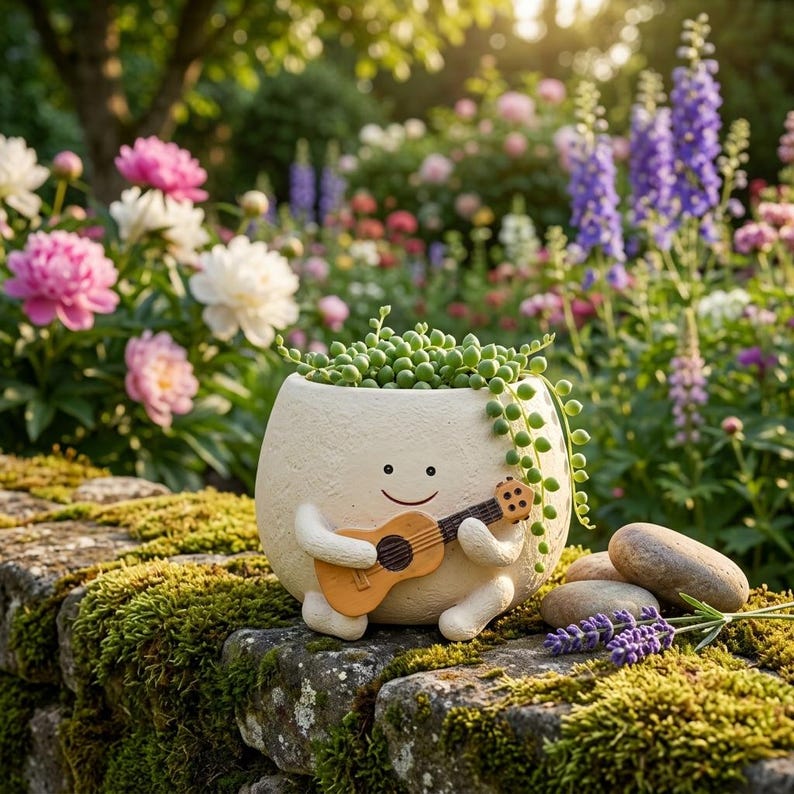 Smiley Face Guitar Planter - Resin Succulent Pot, Kawaii Indoor Outdoor Décor, 10x11 cm