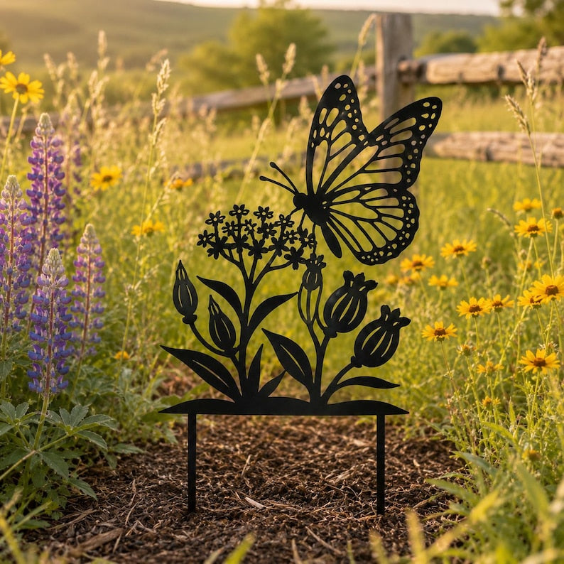 Piquet de jardin en métal noir avec papillon pour parterres de fleurs et jardins de cottage