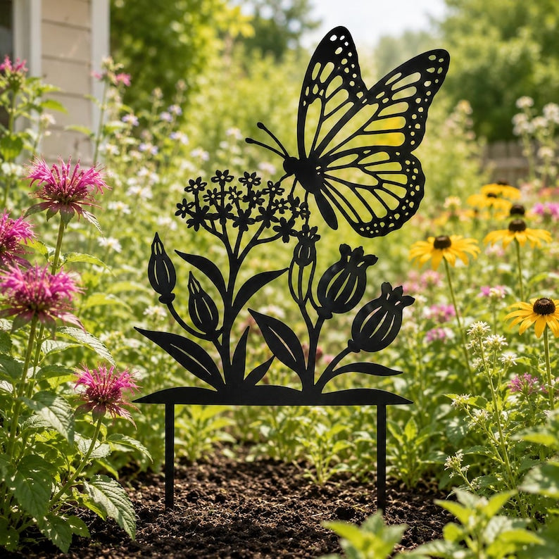 Piquet de jardin en métal noir avec papillon pour parterres de fleurs et jardins de cottage