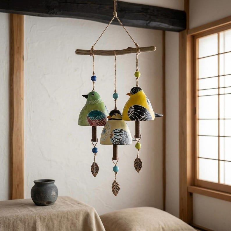 Carillon éolien d'extérieur résine oiseau peint à la main décoration balcon