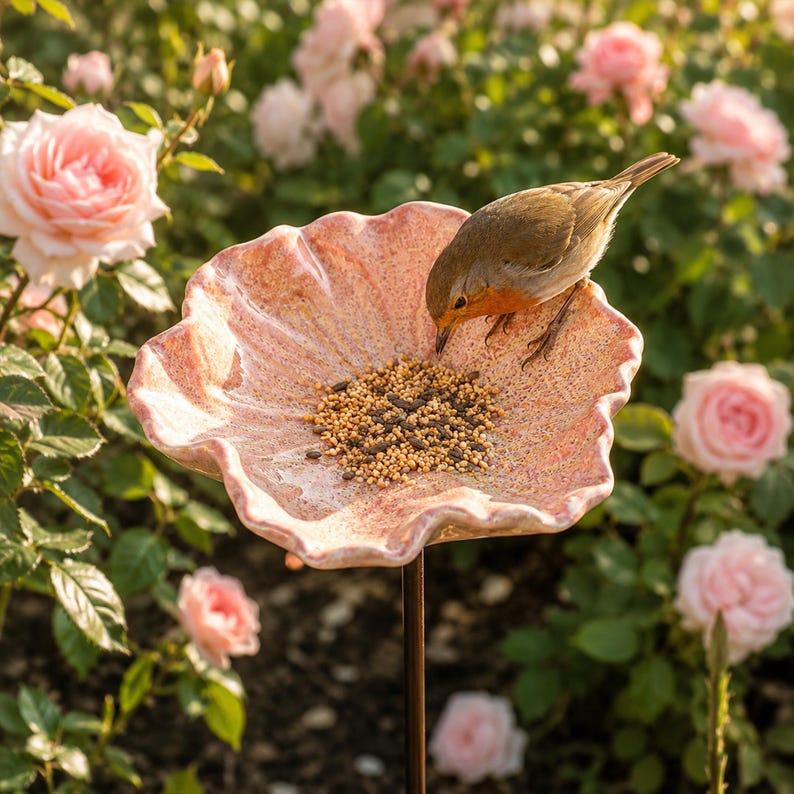 Mangeoire à oiseaux et bain pour pollinisateurs en céramique émaillée avec piquet réglable