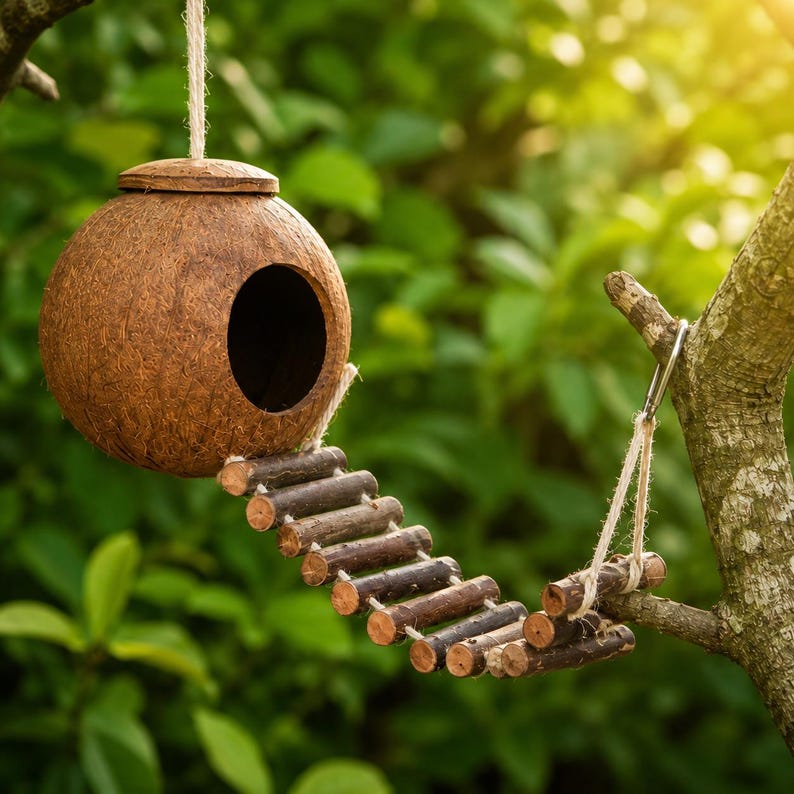 Cabane suspendue noix de coco avec pont en bois, mangeoire pour oiseaux de jardin naturel