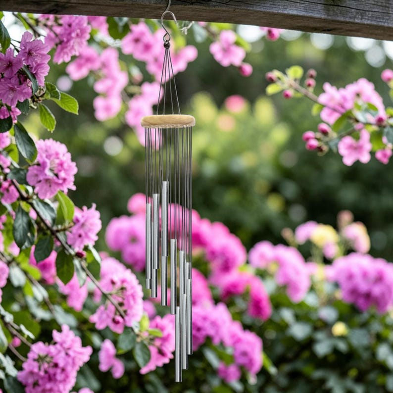 Carillon éolien en aluminium 12 tubes, or ou argent, extérieur jardin