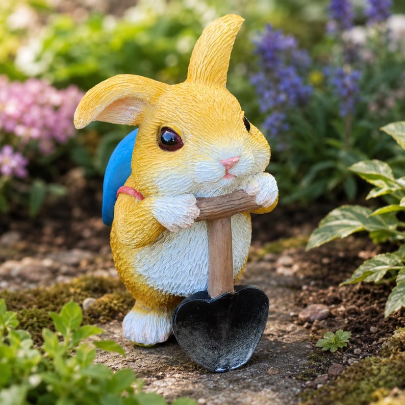 Statue de Lapin de Jardin en Résine avec Pelle et Sac à Dos, Ornement Cottagecore pour Pelouse