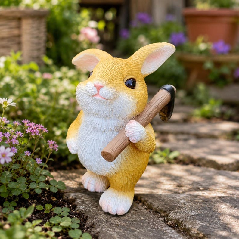 Statue de Lapin de Jardin en Résine avec Pelle et Sac à Dos, Ornement Cottagecore pour Pelouse