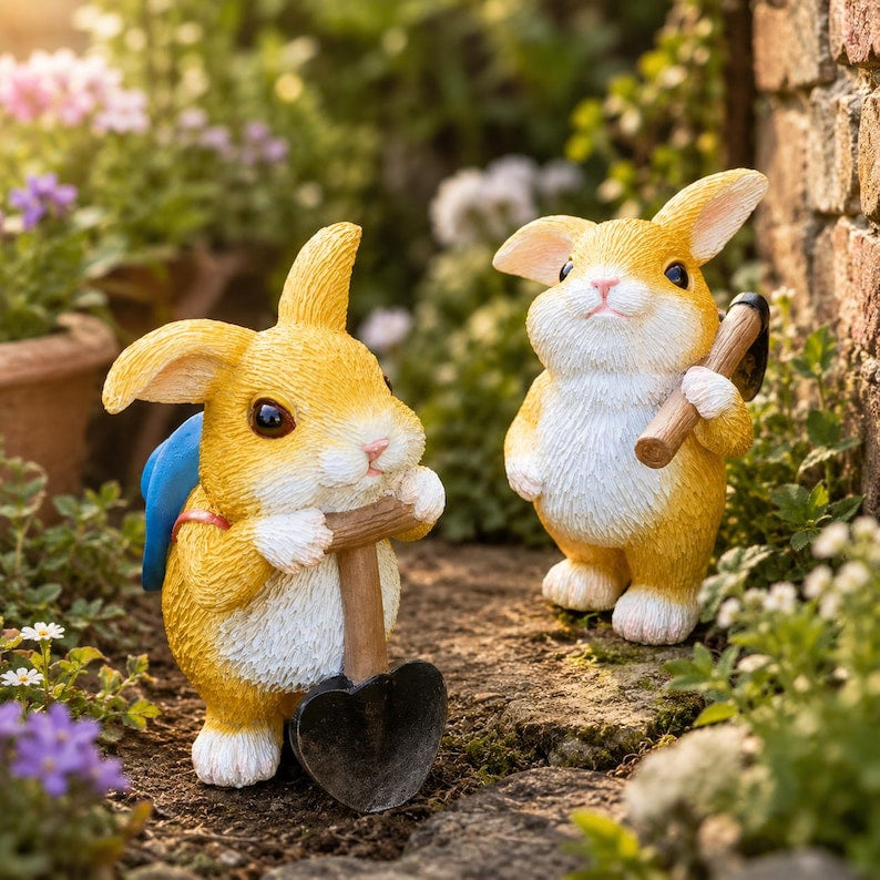 Statue de Lapin de Jardin en Résine avec Pelle et Sac à Dos, Ornement Cottagecore pour Pelouse